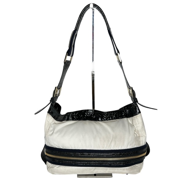 L.A.M.B Reversible White Nylon & Stripes Fabric Patent Leather Strap Hobo Bag - Picture 5 of 16
